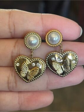 Gold Heart Drop Earrings with Pearl Top and Butterfly Detail
